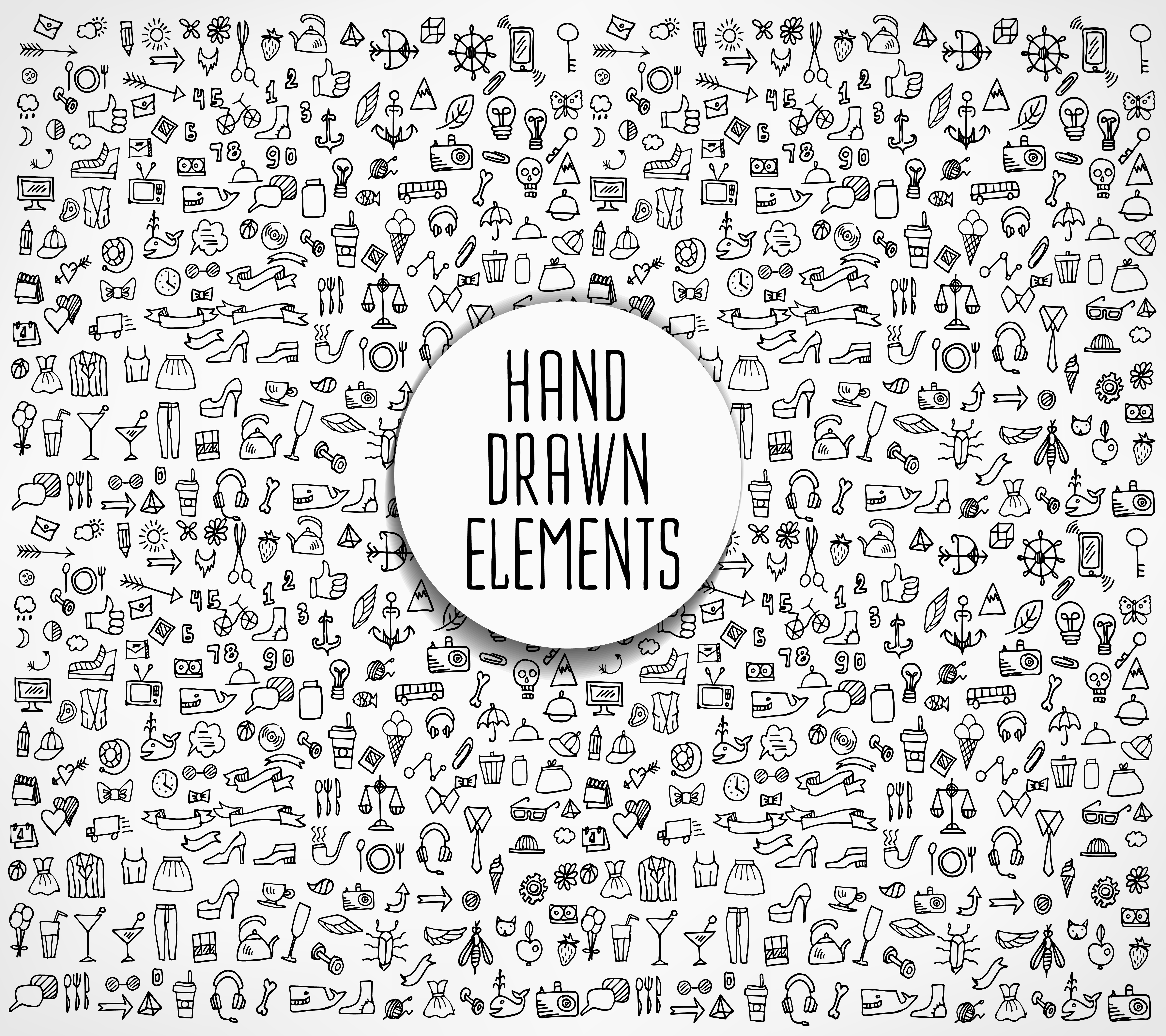 Hand drawn icons and elements pattern. Digital illustration